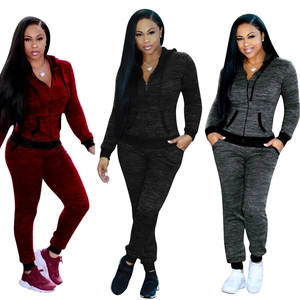 Women Casual Marl Tracksuit Hooded Zipper Long Sleeve Hoodie And Joggers Pants Top And Bottom Sporty Co-ord Outfit