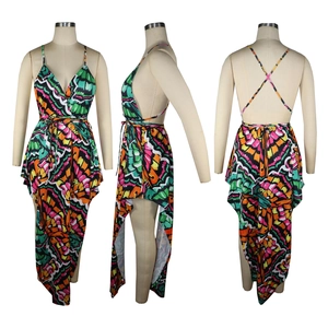 Three views showing deep V-neck, backless design and butterfly print on irregular dress
