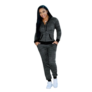 Women's 2-piece grey marl tracksuit set with hooded zip jacket and ribbed joggers