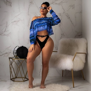Blue snakeskin print mesh crop top with long sleeves shown in a luxury interior