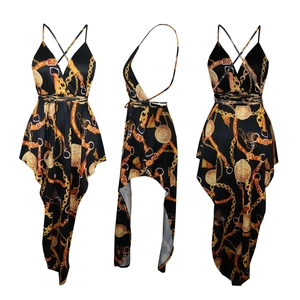 Three-view detail of V-neck dress with gold baroque chain print and asymmetrical hem