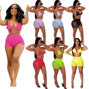 Detailed grid of sequin bikini sets in seven bright colors with mesh boy shorts