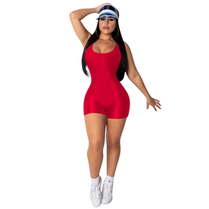 Detailed view of red sleeveless slim-fit romper bodysuit with high-elastic fabric