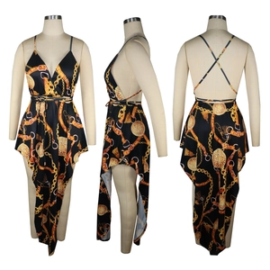 Detail of baroque gold chain print dress with V-neck and asymmetrical hemline