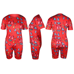 Detailed views of red women's tracksuit set with vibrant colorful butterfly print