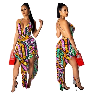 Women's halter V-neck butterfly print irregular high-low dress with backless design