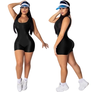 Front and side view of black sleeveless compression bodysuit with slim fit design