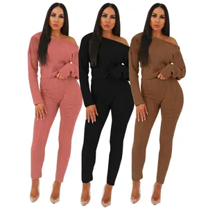 Women Sexy Off-Shoulder Cable Knit Top And Bottom Set Long Sleeve Crop Top Slim Fit Pants Solid Color Casual Sweatsuit