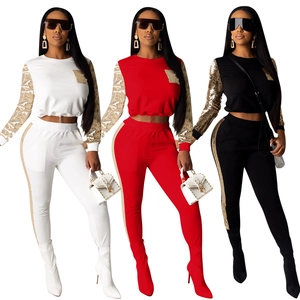 Damen Pailletten Patchwork Oberteil Und Unterteil Westlicher Stil Nachtclub Party Sportlich Lässig Langarm Crop Top Und Hose