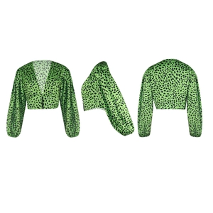 Detail of green leopard print cropped top featuring deep V-neck and puff lantern sleeves