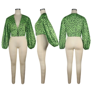 Three-view detail of green leopard print blouse with bubble sleeves and V-neckline