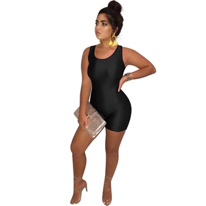 Detail of a sleeveless black knit bodysuit featuring a round neck and casual fashion style