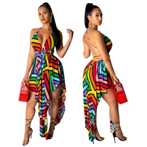 Women Sexy Halter Neck Deep V-Neck Backless Asymmetrical Dress Summer Print Sleeveless High-Low Hem Bohemian Party Midi Dress