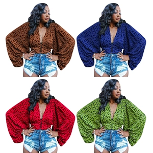 Women Leopard Print Deep V Neck Top Lantern Long Sleeve Button Front Loose Crop Blouse Sexy Casual Summer Shirt