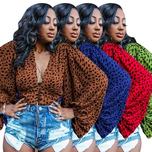 Women's leopard print blouse with lantern sleeves and V-neck in four stylish colors