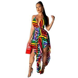 Colorful striped halter maxi dress with deep V-neck and asymmetrical hem for beach vacation