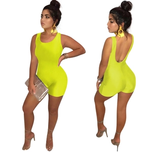 Front and back view of a slim fit sleeveless neon yellow romper with an open back design