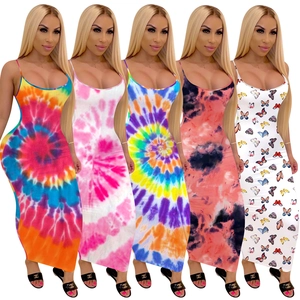 Vestito Lungo Maxi Bodycon Sexy da Donna Con Spalline Sottili Stampa Farfalla Tie-Dye Senza Maniche Aderente per Vacanze Estive