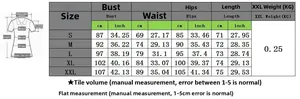 Size chart for V-neck mesh romper showing bust waist hips and length in cm and inches
