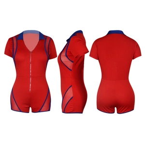 Detail of red V-neck bodysuit with blue mesh panels and a silver front zipper closure