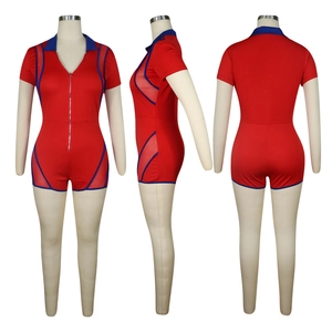 Three-sided views of red and blue V-neck mesh romper with zipper and mesh panels