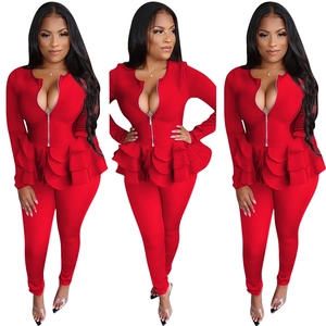 Femmes Polyester Haut Et Pantalon Ensemble Volants Peplum Fermeture Éclair Haut À Manches Longues Coupe Ajustée Pantalon Long Tenue Clubwear Sexy