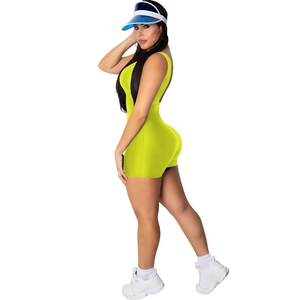 Back view of a lime green sleeveless backless tight jumpsuit for women sports style