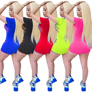 Women's V-neck mesh patchwork rompers available in five vibrant slim-fit colors