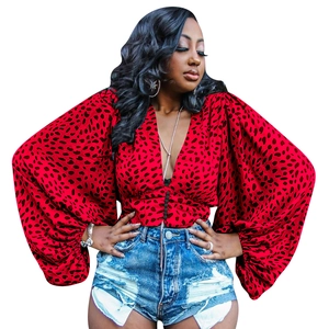 Detail of red leopard print blouse with deep V-neck and oversized lantern sleeves