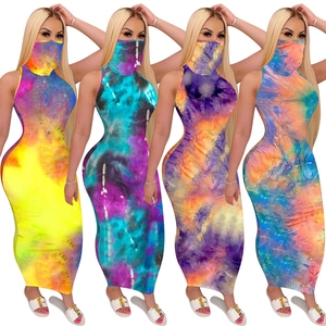 Dames Tie Dye Mouwloos Hoge Hals Bodycon Maxi Jurk Met Bijpassend Masker Sexy Club Nachtclub Feest Slim Fit Lange Jurk