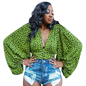 Close-up of green leopard print blouse featuring lantern sleeves and deep V-neck design