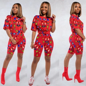 Women's red two-piece butterfly print sportswear set with short sleeve T-shirt and shorts