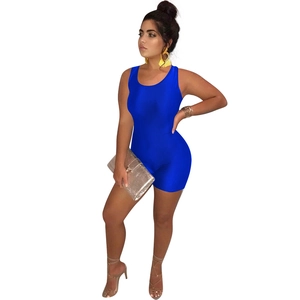 Detail view of a slim-fit sleeveless royal blue bodysuit with round neck for women