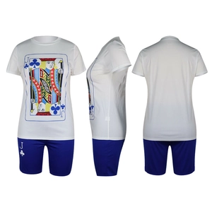 Detail of playing card Jack of Clubs print on white t-shirt and blue shorts set