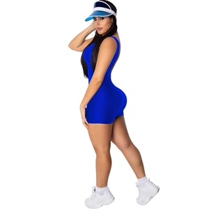 Detailed back view of a slim fit sleeveless royal blue jumpsuit with open back design