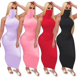 Robe Maxi Bodycon Sans Manches Sexy pour Femmes Avec Masque Col Roulé Couleur Unie Coupe Slim Haute Élasticité