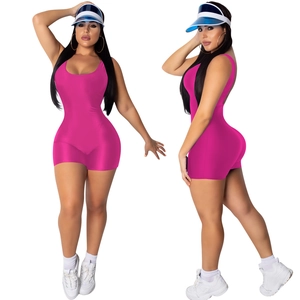Front and side view of women's sleeveless hot pink athletic romper and fitness bodysuit