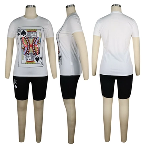 Detail view of women's two-piece set featuring king of spades poker print on white t-shirt