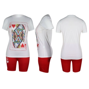 Three-sided view of women's set featuring Queen of Hearts poker print and red cycling shorts