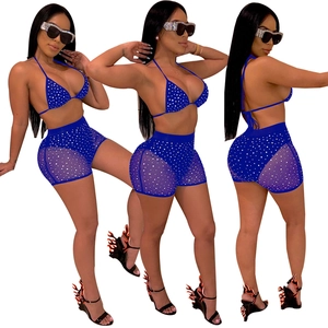 Three-angle view of royal blue sequined mesh bikini and high waist shorts set