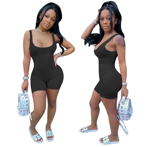 Detail view of a black sleeveless bodysuit with a deep U-neckline and slim fit design