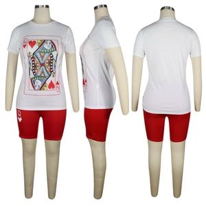 Detailed view of women's summer set with Queen of Hearts print and red cycling shorts