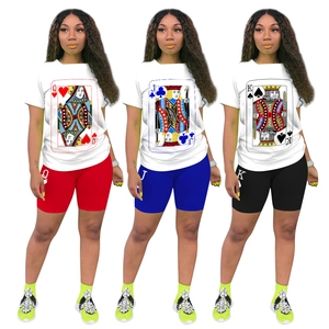 Women's two-piece casual summer set with creative playing card prints in three colors