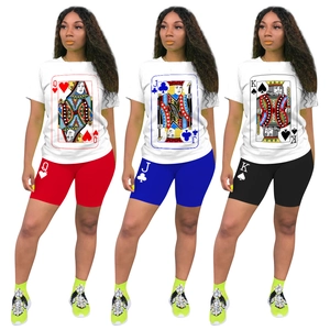 Women Casual Poker Card Print Top And Cycling Shorts Outfit Polyester Round Neck T-Shirt And High Waist Shorts Set