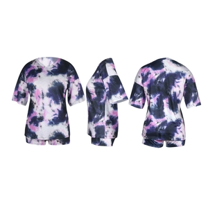 Three-view shot of purple tie-dye loungewear set with loose V-neck top and matching shorts