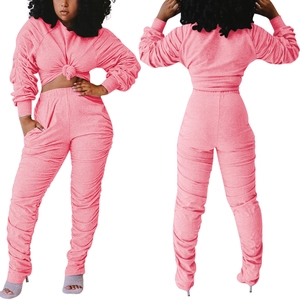 Survêtement Décontracté Froncé pour Femme Haut Et Pantalon Manches Longues Crop Top Nœud Pantalon Stacked Couleur Unie Streetwear Rose