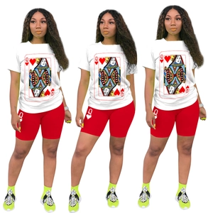 Women's two-piece casual set featuring Queen of Hearts print white T-shirt and red shorts