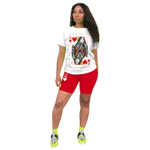 Detail of playing card Queen of Hearts print on women's two-piece set top and shorts