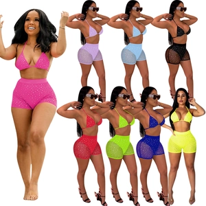 Sexy Halter Bikini Top And Mesh Splice Rhinestone Polka Dot Swimsuit Beachwear Women Vacation Two Piece Swimwear Set