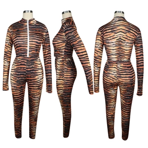 Three-view shot of women's tiger print bodysuit with high collar and front zipper detail